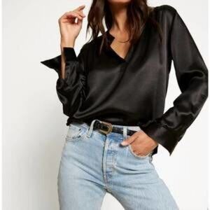 NWT Womens Nation LTD Black (Item-35) Ella Satin Cut Away Henley Satin Blouse XS